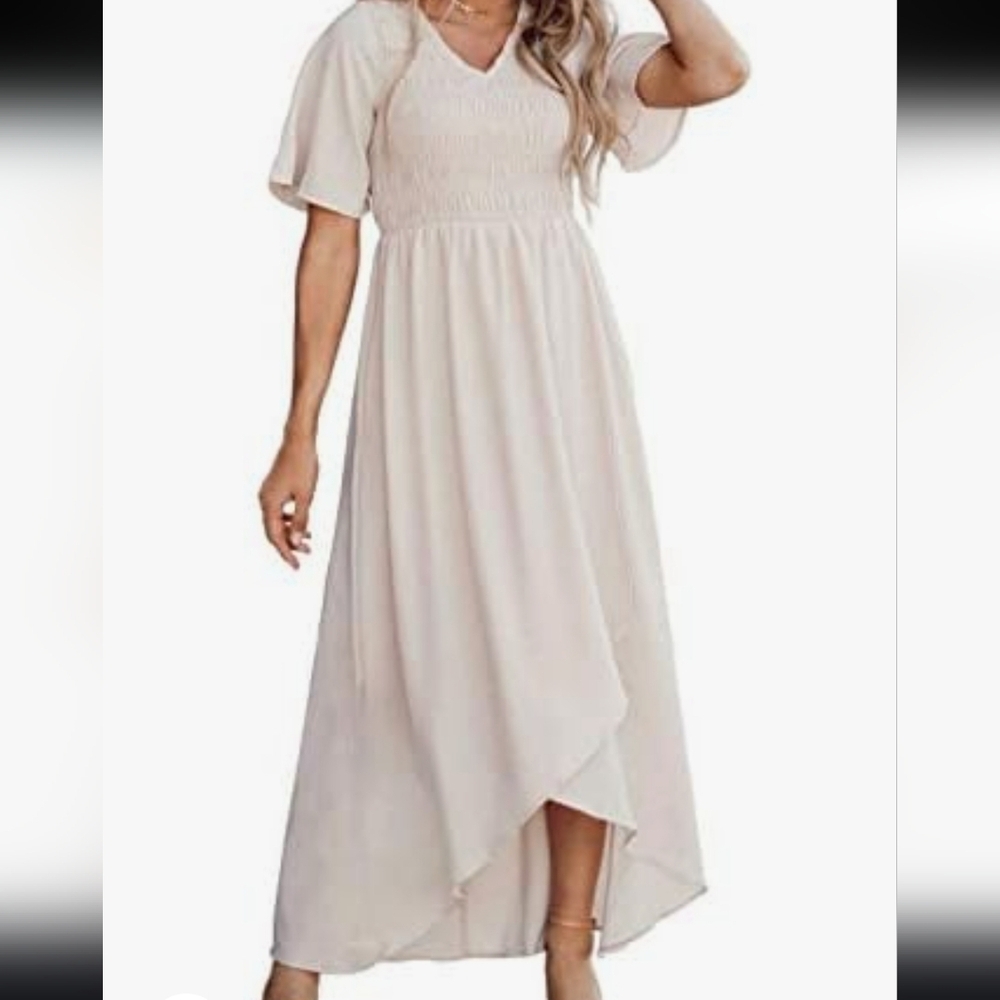 Zattcas Smocked Woman's  Pull-over V-neck Short Sleeve High Low Flowy Dress Sz M